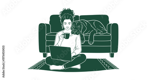 Woman working from home on laptop while sitting on floor with dog on sofa green illustration.