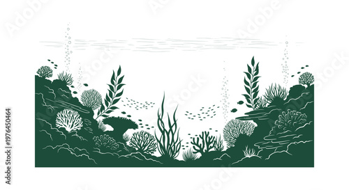 Underwater Coral Reef Silhouette with Seaweed Fish and Bubbles Monochrome Ocean Seascape Design