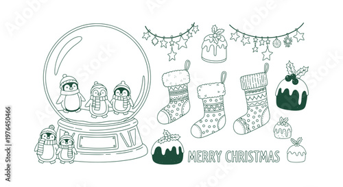 Christmas Coloring Page Set with Cute Penguins in Snow Globe, Stockings and Puddings Vector Outline