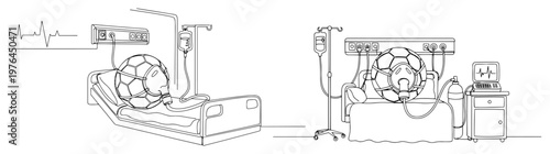Continuous line drawing of a sick soccer ball resting in a hospital bed with medical equipment
