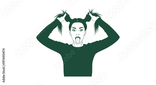 Green Silhouette Vector of a Playful Girl Making a Silly Face and Pulling Her Hair into Pigtails.