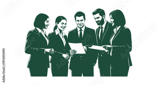 Professional Business Team Collaborating on Project with Documents in Minimalist Green Vector Style