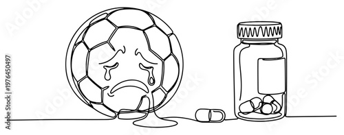 Sad soccer ball crying next to a medicine bottle and pills in continuous line style