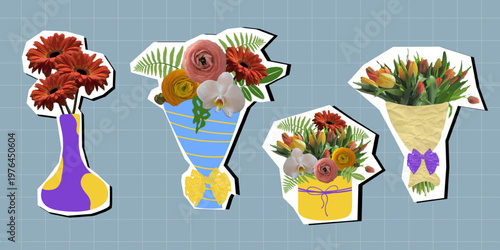 Vintage Collage collection with bouquet compositions and cutout shapes. Floral stickers. Ideal for scrapbooking, journaling, planners, digital collage, printable stickers 