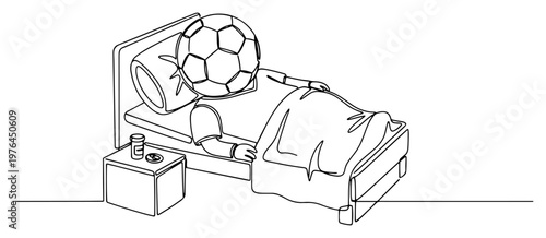 Tired soccer ball character lying in a hospital bed taking medicine for recovery after injury