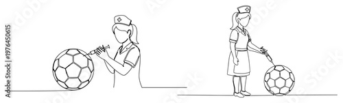 Professional nurse giving a vaccination or medicine injection to a soccer ball character in line art