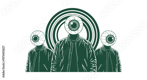 Surreal Vector Illustration of Three Men with Eyeball Heads Wearing Jackets on White Background