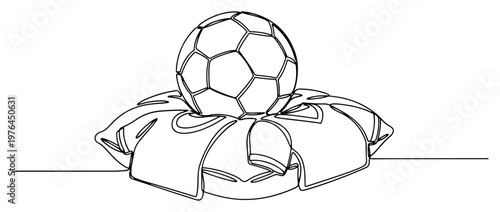 Minimalist line drawing of a soccer ball resting comfortably on a soft pillow for recovery