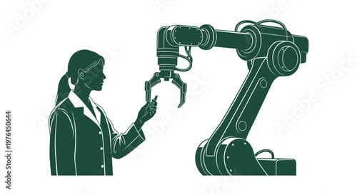 Woman engineer operating industrial robot arm technology vector illustration scientific research