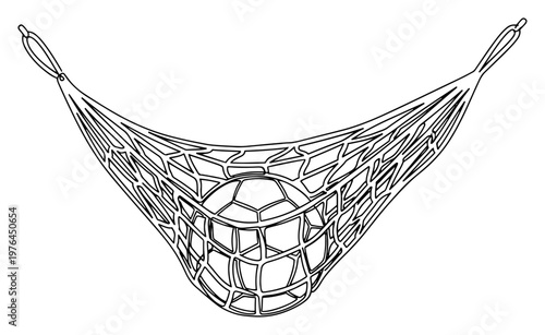 One line illustration of a soccer ball inside a medical net sling for support and recovery