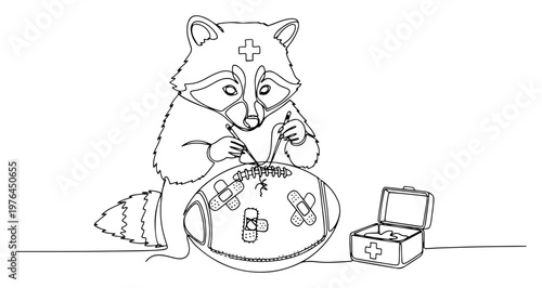 Cute raccoon nurse character stitching and repairing an injured American football ball in line art style