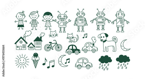Set of hand-drawn doodle icons with children robots animals houses cars weather and music symbols