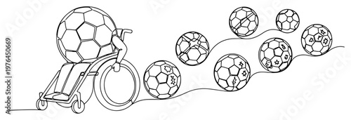 Injured soccer ball character in a wheelchair followed by several other cracked and damaged footballs