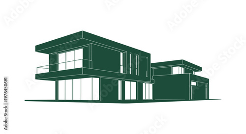 Modern Minimalist Two Story Luxury House Architectural Illustration Isolated on White Background