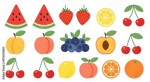 flat lay assortment of fresh colorful fruits and berries on white background summer harvest concept