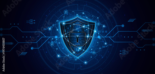 Abstract technology circuit board background. Cyber ​​security concept with shield symbol and lock. Data protection and cyber privacy. modern security technology innovation concept background