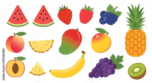 Flat lay assortment of fresh colorful fruits on white background for healthy eating and nutrition concept