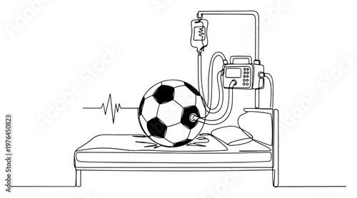 Soccer ball character on hospital bed connected to life support medical equipment in line art