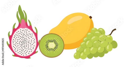 Fresh tropical fruits dragon fruit, kiwi, mango, and green grapes flat lay composition on white background