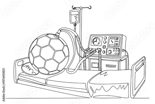 Soccer ball character on hospital bed connected to an ICU ventilator and medical machinery