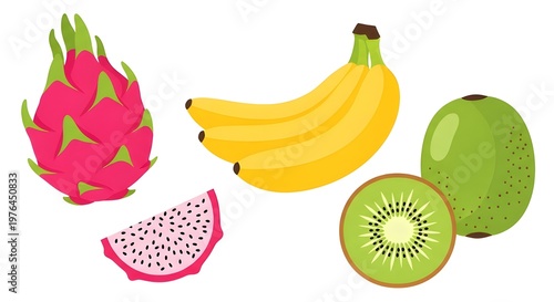 Fresh tropical fruits collection with dragon fruit, banana, and kiwi on white background