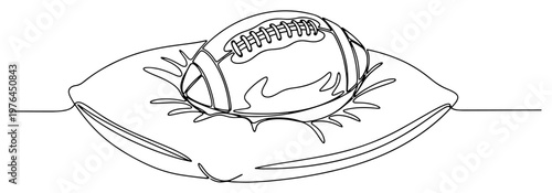 American football ball resting comfortably on a soft cushion pillow in line art style