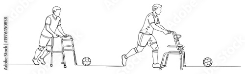 Soccer player using a medical walker for rehabilitation and physical therapy after sports injury