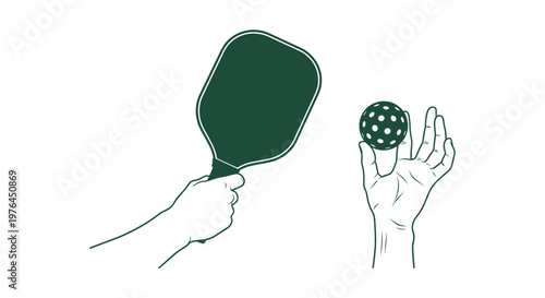 Professional hand holding pickleball paddle and ball line art vector for sports hobby equipment.