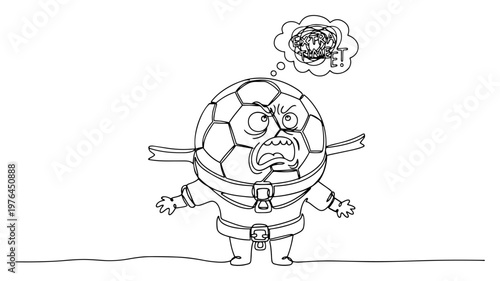 Continuous line illustration of an angry soccer ball character in a straitjacket thinking about extra time