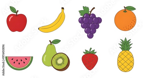 Fresh assorted fruits set flat lay on white background for healthy eating and nutrition concept