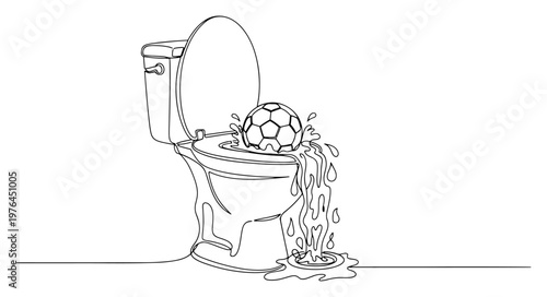 Sick soccer ball character inside a toilet bowl with overflowing water as a metaphor