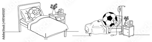 Sick soccer ball characters lying in hospital beds for medical treatment and recovery process