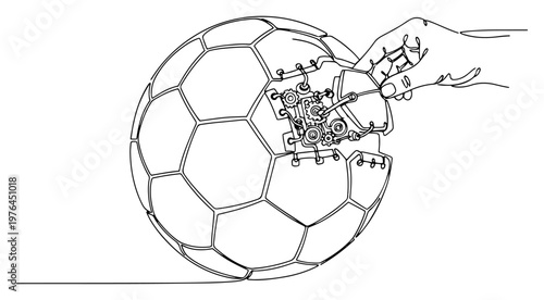 Human hand repairing a mechanical soccer ball with internal gears and clockwork parts