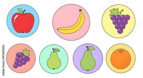 flat lay illustration of fresh fruits in watercolor circles on pastel background