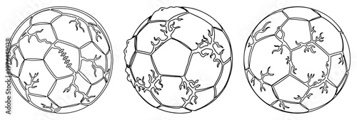 Set of three damaged soccer balls showing different patterns of cracks and surface wear