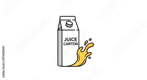 Cartoon juice carton spilling fresh yellow liquid isolated on white background