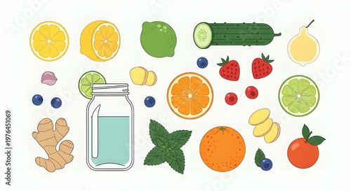 Fresh fruits and vegetables in glass jar with mint leaves flat lay on white background