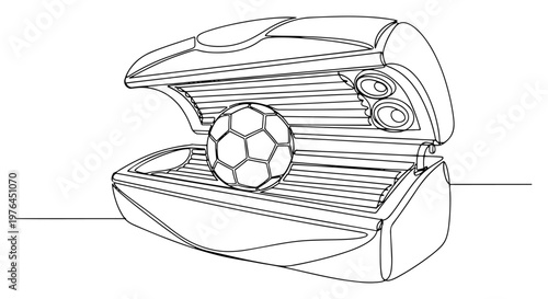 One line drawing of a soccer ball inside a solarium tanning bed for a perfect tan