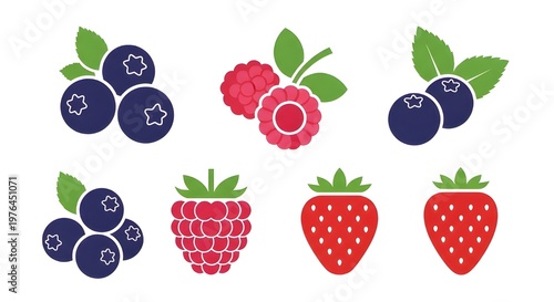 flat lay illustration of fresh summer berries including blueberries, raspberries, and strawberries with leaves