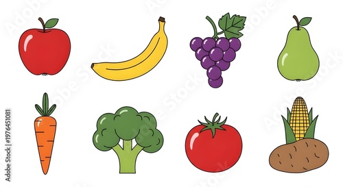 Flat lay illustration of fresh fruits and vegetables for healthy eating and nutrition concept