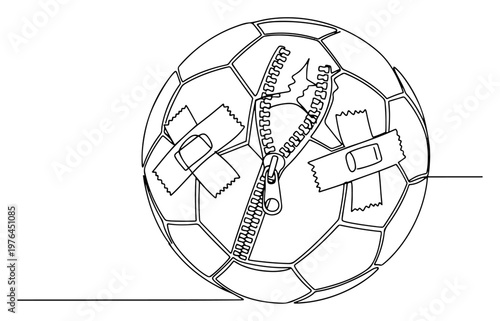 Continuous line illustration of a soccer ball with a zipper and medical plasters for repair