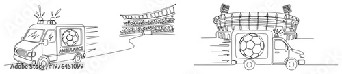 Continuous line drawing of an ambulance vehicle responding to an emergency at a sports stadium