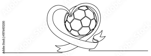 One line drawing of a soccer ball surrounded by a heart shaped ribbon