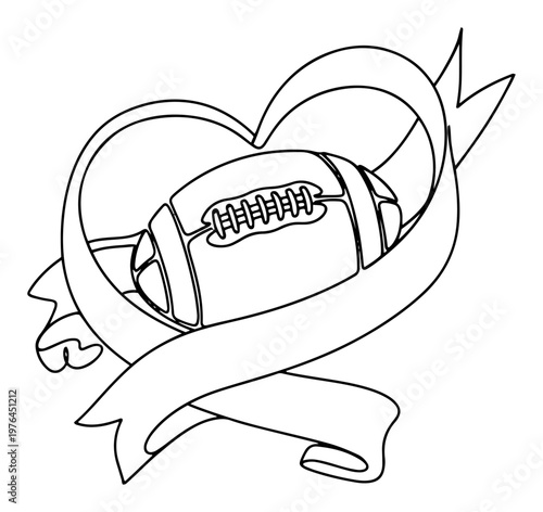 Continuous line art of an American football inside a heart shaped ribbon frame