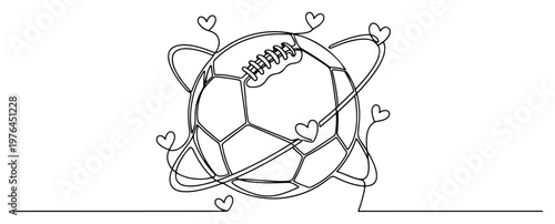 One line illustration of an American football with hearts orbiting around it like atoms