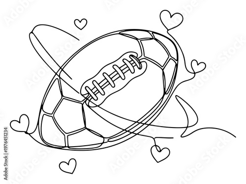 Continuous line drawing of an American football surrounded by floating small hearts