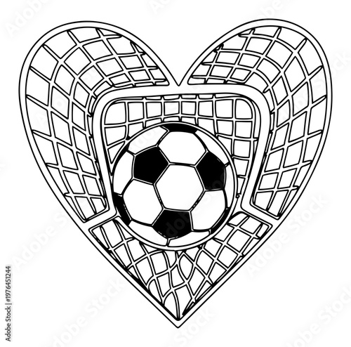 Heart shaped soccer goal net with a football in the center continuous line art