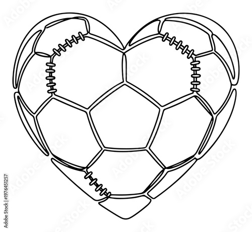 Heart shape designed with soccer ball patterns and stitching in line art style
