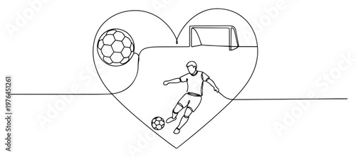 Soccer player kicking a ball inside a heart shaped outline continuous line illustration