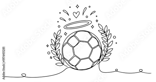 Soccer ball with a halo and laurel wreath representing victory in line art